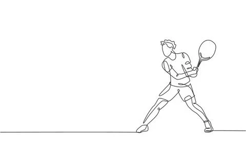 One single line drawing of young energetic tennis player prepare to hit ball Illustrazione stock