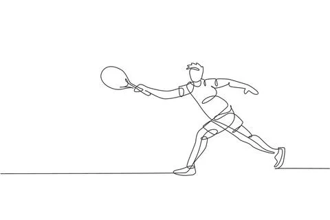 One single line drawing young energetic man tennis player hit the ball vector Illustrazione stock