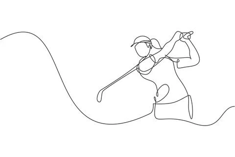 One single line drawing of young golf player hit the ball using golf club Stock Illustration