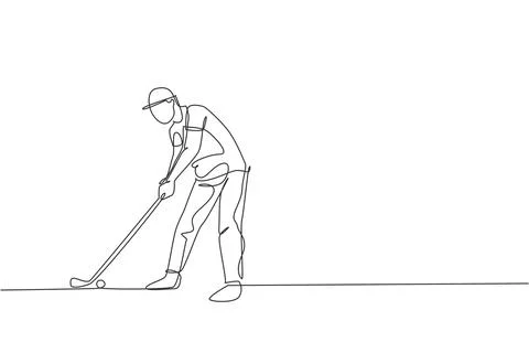 One single line drawing of young golf player hit the ball using golf stick Stock Illustration