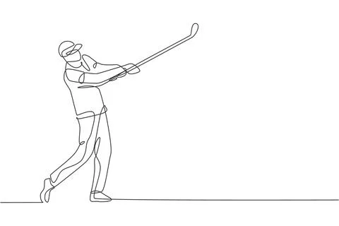 One single line drawing of young golf player hit the ball using golf stick Stock Illustration