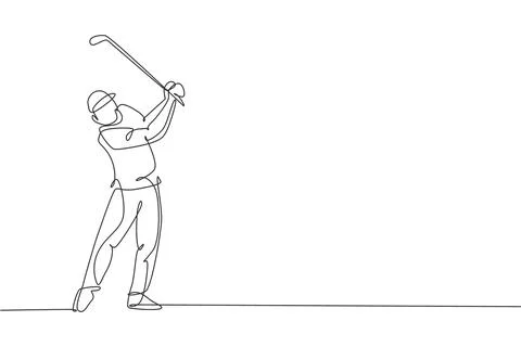 One single line drawing of young golf player hit the ball using golf club Stock Illustration