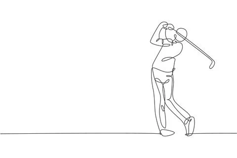 One single line drawing young sporty golf player hit the ball using golf club Stock Illustration