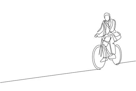 One single line drawing of young happy professional employee man ride bike Stock Illustration