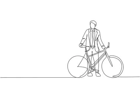 One single line drawing of young happy professional employee man ride bike Stock Illustration