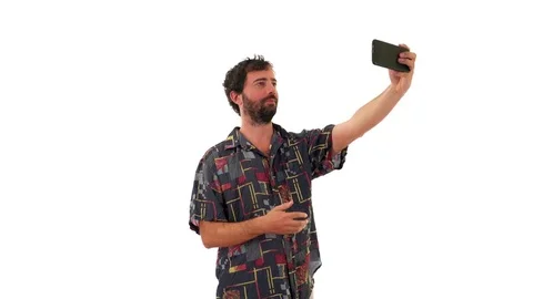 One Single Man Taking Selfie On White Background, Studio Stock Footage 76514466