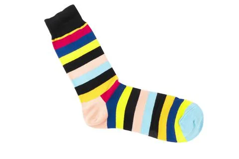 One sock with different lines isolated on white background. Colorful sock son Stock Photos
