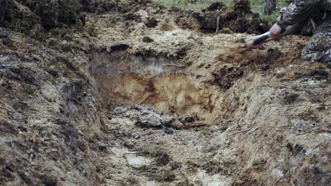 One soldier digs a trench in a pine forest. Stock Footage 195182209