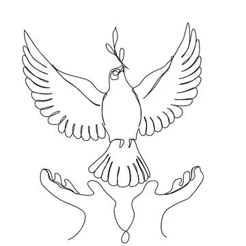 One solid line drawing of a dove taking off from the hands. A bird holds an o Stock Illustration