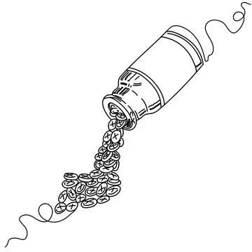 One solid line drawing of sketch pills which pour out of the bottle isolated  Stock Illustration