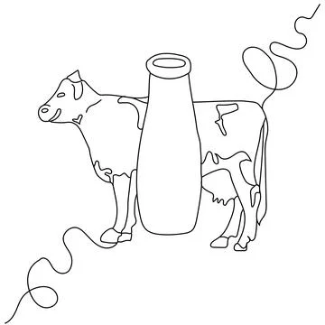 One solid line drawing vector illustration of cow and bottle of milk. Farm pr Stock Illustration