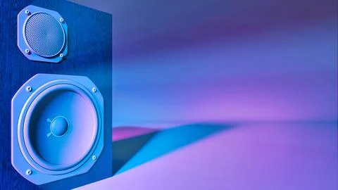 One speaker system on the left with two speakers under ultraviolet light Illustrazione stock
