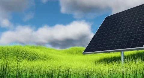 One square solar panel against the background of green grass and cloudy sky Stock Photos