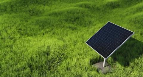One square solar panel on green grass background Stock Photos