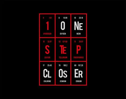 One Step Closer - Periodic Table of Elements on black background in vector il Illustrazione stock