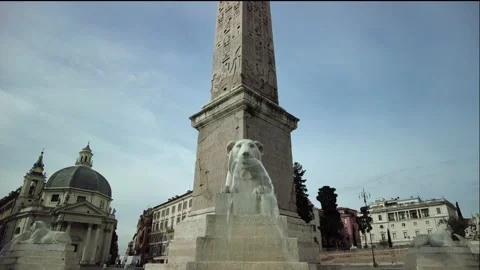 One of the stone lion fountains beneath the obelisk in Piazza del Popolo, Rome Stock Footage 153607070