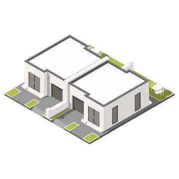 One storey connected cottage with flat roof isometric icon set Stock Illustration