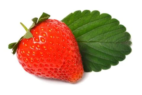 One strawberry macro with leaf isolated on white background Stock Photos