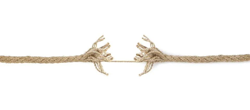 One string connecting almost torn rope isolated on white Stock Photos