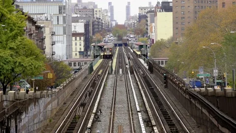 One Subway train, red line, leaving Subway station for downtown Manhattan Stock Footage 196135111