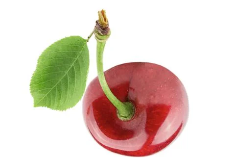 One sweet cherry fruit with leaf isolated on white Stock Photos