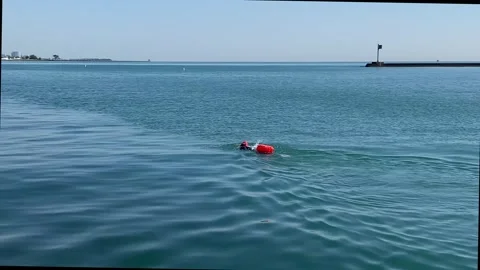 One swimmer swimming parallel to the lakefront trail at Ohio street beach Stock-Footage 280279130
