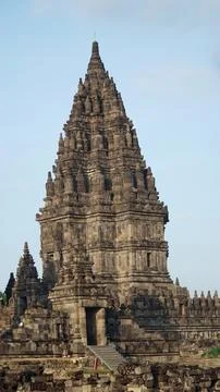 One of the temples in the Prambanan temple complex in the morning Stock Photos