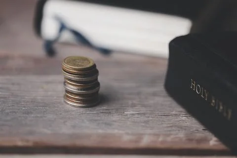 One tenth or tithe is basis on which Bible teaches us to donate one tenth o.. Stock Photos
