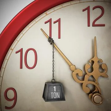 One ton weight chained at the clock hand stopping the time. 3D illustration Stock Illustration