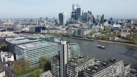 One Tower Bridge Overlooking River Thames and Financial District Stock Footage 327538952