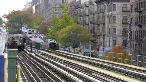 One train approaching subway station in uptown Manhattan. Stock Footage 199353464