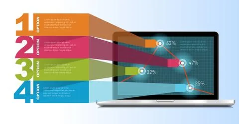 One, two, three, four, vector options with laptop on blue background Stock Illustration