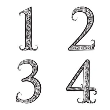 One, two, three, four vintage patterned numbers. Font in floral baroque style Stock Illustration