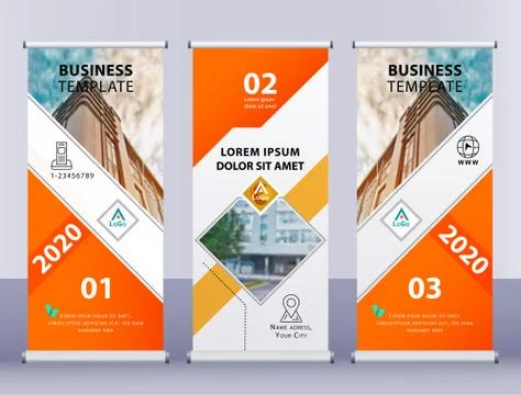 One, two, three white roll up business banners. Vertical orange template vector Stock Illustration