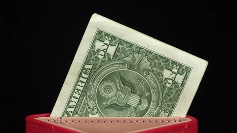 One US dollar banknote in a red wallet Stock Footage 344697812