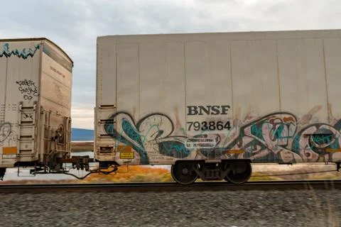 One of the wagons of a freight train passing through Klamath Falls Stock Photos