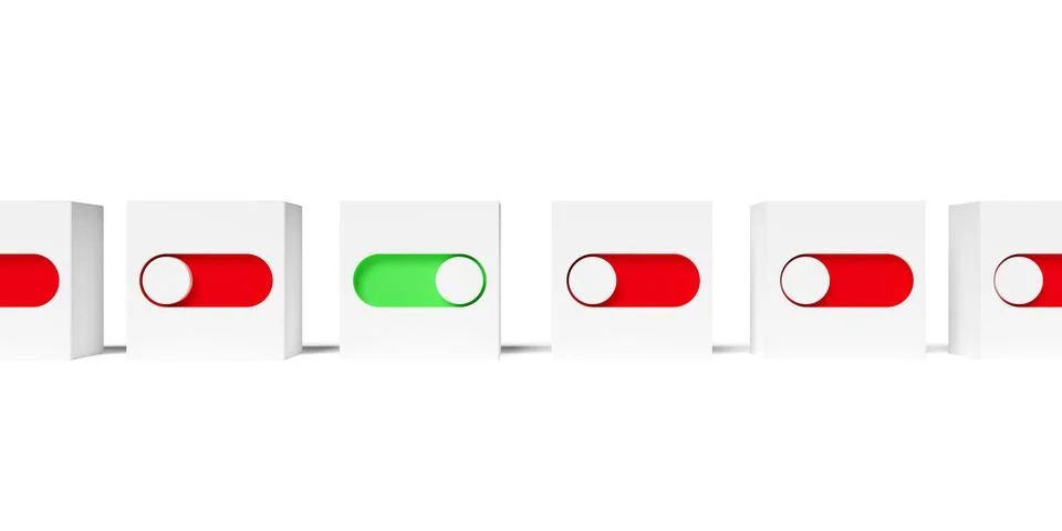 One white cube with green switch turned on in series or row of white cubes .. Stock Illustration