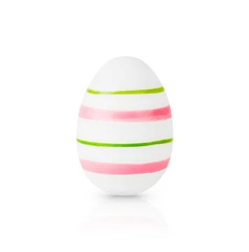 One white Easter egg decorative pink and green stripes isolated on white back Stock Photos