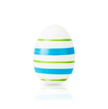One white Easter egg decorative blue and green stripes isolated on white back Stock Photos