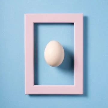 One white egg in purple frame on a blue background shot in the Studio Stock Photos