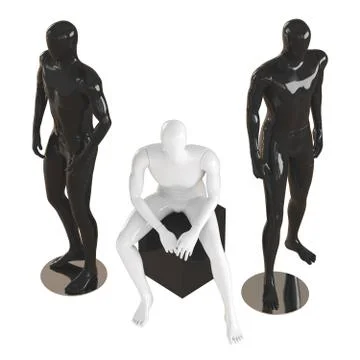 One white faceless mannequin guy sits on a black box and two black mannequin  Illustrazione stock