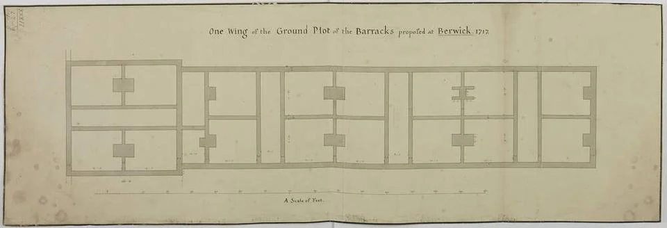 One Wing of the Ground Plot of the Barracks proposed at Berwick 1717. Maps... Fotos de archivo