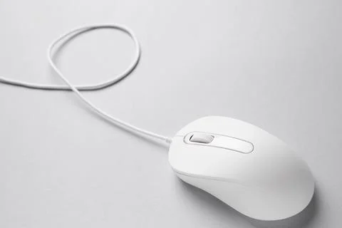 One wired mouse on grey background, closeup Foto stock