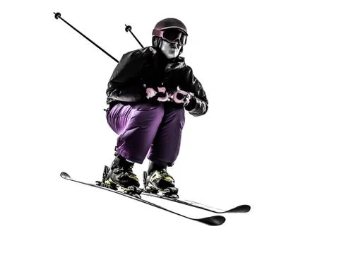 One woman skier skiing jumping silhouette Stock Photos