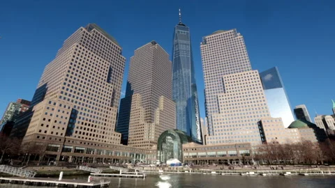 One World observatory under blue skies in New York City Stock Footage 132502100
