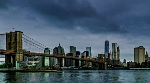 The One World Trade Center and the Brooklyn Bridge, New York City, NY Stock Footage