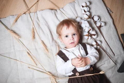 A one-year-old boy in a rustic style Stock Photos