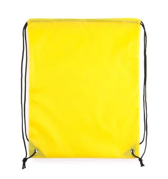 One yellow drawstring bag isolated on white Stock Photos