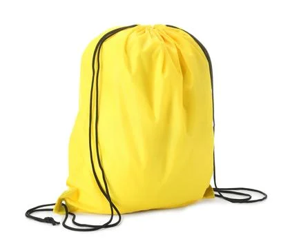 One yellow drawstring bag isolated on white Foto stock