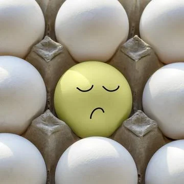 One yellow sad egg among many white eggs.Different from other. Foto stock